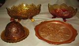 Amber & Amberina Footed Console Bowls, Amber Tiara Butter Dish and Iris & Herringbone irridescent Cake Plate