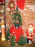 Christmas: Empire Blow Mold Plastic 33" lighted Yard Santa & Noel Candle. Trees decorated with Vintage Flocked 60's Ornaments