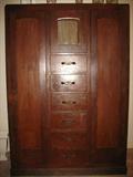 Antique Mahogany Armoire with side doors and 5-Drawer Lengiere Chest beneath a mirrored Door Bonnet Box