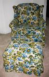Blue Floral Winged back Easy Chair w/Ottoman