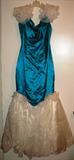 Floor Length Pageant Gown of Turquoise Satin with a 20" Silk Organza Full Gathered Floor Skirting and Ruffle Shoulder Straps 