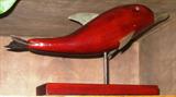 Large 18" Carved Mahogany Dolphin with Brass Fins & Bill Raised over Mahogany Stand