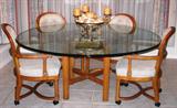 Oak Base with custom 66" Round Glass Table-top shown with 6 Century Custom Upholstered oak Chairs on Casters