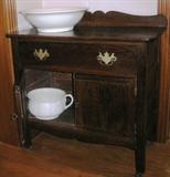 Antique Oak Wash Stand with Back Splash shown with White Ironstone Wash Basin and Chamber Pot