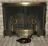 Brass Fire Place Screen with Beautiful Unusal Large Andirons. Wood Duck with Brass Bill in front
