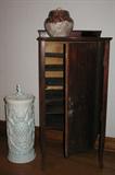 Antique Mahogany Solids & Veneers Music Sheet Stand shown with Yellow Ware Splatted Glaze Finish Canister & Ceramic Umbrella Stand w/lid