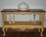 Yellow Paint with Blue Accent Trim Side Server w/"Whittier Pottery" White Porcelain Soup Tureen