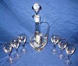 1950's Crystal Gold Trim Etched Liqueuer Decanter & 6 Stems