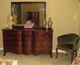 Drexel Duncan Phyfe Style Double Serpentine Front Dresser with Mirror shown with Antique Green Velvet Barrel back Antique Chair with Queen Anne Cabriole Legs