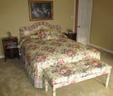 Custom Upholstered Headboard with Spread & Dust Ruffle with Spring Air Grandeau Back Support Queen Size New Mattress Set. Also Shown is custom made Bed Bench.
