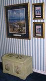 Seaside Framed Prints (3) and Hand Painted Bontanical Floral White Washed Trunk
