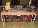 White Washed Solid wood Sofa Table with Glass Top & Cabriole Legs