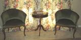 Antique Barrel Back Chair; Green Velvet Upholstery with walnut Queen Anne Cabriole Legs. Shown with Mahogany tripod Pedestal Table