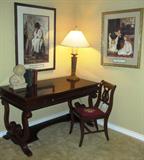 Lyre Base Cherry Writing Desk shown with a Mahogany Lyre Back Side Chair with Needle Point Seat