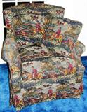 Sherrill Custom Upholstered "Fox Hunt" Tapestry Easy Chair with 2 Throw Pillows