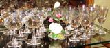 Fostoria "Fire Light": Wine Clarets, Liqueurs & Chapagnes shown with Lenox Magnolia Floral Figurine