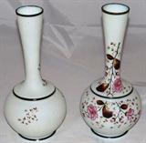 Antique Victorian Hand Painted with Enamel Accents 10" Delicate Satin Glass Vases Showing the front & the back