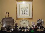 Adult III Large Silver Plate Serving Tray, Several Misc. Silver Plate Serving pieces icluding Round serving trays, oval bread trays, Trivets, relish, covered Casserole, Basket, Pair 8" Candle Sticks, Compote with Carnberry Glass Insert, Thomas China Co "La Salle": Large Platter, Creamer, & 7 Cream Soup (Dbl Handle) Above: Bontanical Prints with Yellow Narcissus