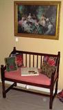 Exquisite Giclee Print of an original art work of 1855 in gold leaf Frame over a Mahogany Bench with Spindle back and Rose Brocade Upholstery Cushion Seat