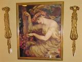Beautiful Print of Harpist in Gold Frame bordered on each side by 2 Gold Draped Bow Plaques