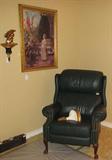 A Fine Art Giclee Print by Maude Goodman On wall opposite a Franklin Wing Back Green Leather Studded Recliner on Queen Anne Legs