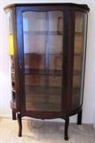 Antique China Oak Cabinet raised on delicate Cabriole Legs with 4-interior shelves. The sides have convex glass panels. All in Original Condition