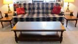 Early American/Colonial Style Sofa, Pair Maple Step Tables and a maple Coffee Table