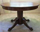 Antique Oak Round Table with Column Base on 4 Ball & Claw Feet