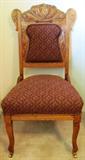 One of a pair Oak Victorian Side Chair with Burgundy Upholstered Seat and Back