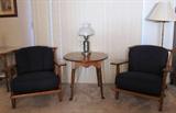 Pair of great Maple Chairs with (2) Removeable Cushions, Round Maple Lamp Table show with Pewter Lamp