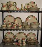 Large Collection of Franciscan "Dessert Rose": Large Pitcher, Small Milk Pitcher, Covered 1/4 lb. Butter Dish, Tall Salt & Pepper Shakers,Teapot, Round Vegetable Bowls, Chop Plates, Sugar & Creamer (2 sets), Rose Bud Salt & Pepper Shakers, Individual Ashtrays, Dinner Plates, Salad Plates, Bread & Butter Plates, Cup & Saucers