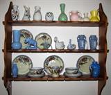 Small Maple Curio Shelf (pegged together) showing mamy miniature vases and children dishes: Camark, Shawnee, McCoy, Japan and more