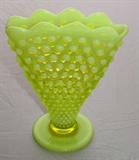 Opalescense Hobnail Vaseline Glass Footed Fan Vase