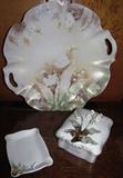 Hand Painted Victorian Plate with Lily of the Valley, Lily of the Valley Cigarette Box with Matching Ashtray