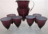 Beautiful Amethyst Cased Art Glass Footed Pitcher and 6 Goblets