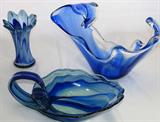 Blue Blown Art Glass: Console Bowl, Cornicopia Bowl & Vase
