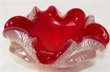 Murano Red Art Glass Ashtray cased with Clear Glas/Silver Flake