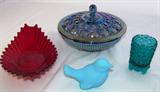 Ruby Crystal Oval Relish Dish, Blue Carnival Cane Pattern Glass Candy DIsh, Blue Satin Glass Fenton Bird, Daisy & Button Blue Glass Footed Toothpick Holder