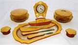 Magnificent Celluloid Vanity Set: Amber Crystal Bowl Powder Box, Hair Receiver and (2) Sachet Jars with Celluloid Lids, Clock, Dresser Tray with Nail Buffer with Caddy, Shoe Horn, Shoe Button Hock and File