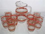 Depression era Pink Stipe with Gold Ice Lip Pitcher and 8 Glasses