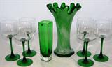 J.G. Durand Emeral Stem Wine Hocks (6), Resini Emerald Green Square Bud Vase, Green with White Blown Art Glass Swung Vase
