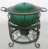 Vintage Green Covered Casserole set in a great Caddy with Black Scroll