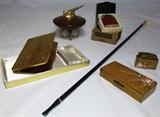 Tobacciana: Evans Cigarette Case, Ronson Table Lighter, Ronson Pocket Lighter in Original Box with papers (2 each), 20.5" 1920's Era Cigarette Holder, Sea Shell Decorated Small Pigeon Automatic Super Lighter and Cigarette Case.