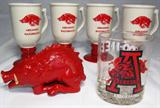 Arkansas Razor Back Souveniers. Set of 4 Mugs, On the Rocks Tumbler. and figurine