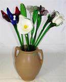 Art Glass Cala Lily, Roses, etc. show in a wonderful old McCoy Vase