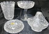 Czechoslovakia  Bohemia “Queen Lace” Cut Crystal :  Vase 6 ½”H, Compote 6 ½”H, Ashtray 5”W, Basket 5 ¾” H
