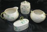 Irish Beleek porcelain Creamer & Open Sugar, Covered Jam Jar, Covered Oval Box