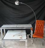 Vintage Eyeball Arc Chrome  Mid Century Modern Floor Lamp,  Shown with a Mid –Century modern Chrome Sofa Table and Square Coffee Table with Marble inset top made in Portugal