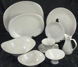 Iroquois Impromptu “Bridal White” Mid-Century Modern 1956 – 1973  China Dinnerware:   Large & Small Platter,  Oval Vegetable Bowl, Creamer & Sugar w/o  Lid, Footed Dessert Bowl, Coupe Soup/Salad Bowl, Cup & Saucer (other place pieces not shown)
