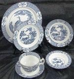 Woods & Sons “YUAN” Blue & White Transferware China: Dinner Plate, Salad/Soup Bowl, Bread & Butter Plate, Dessert Bowl,  Cup & Saucer